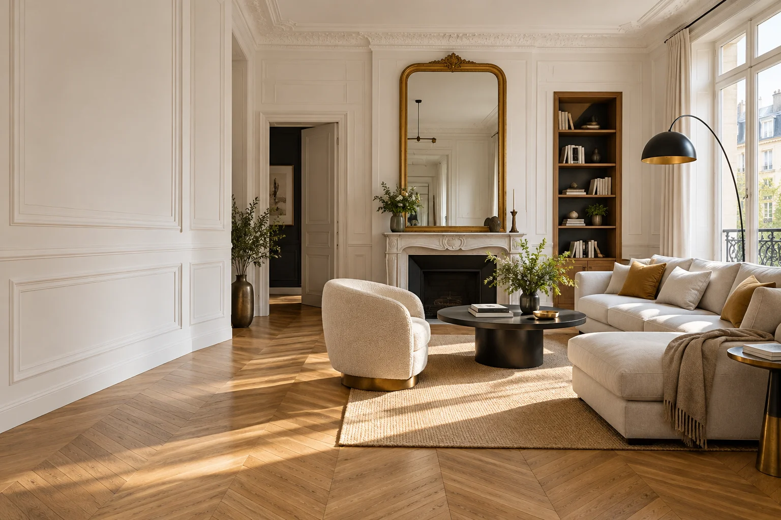 Intérieur lumineux avec parquet en bois et finitions contemporaines